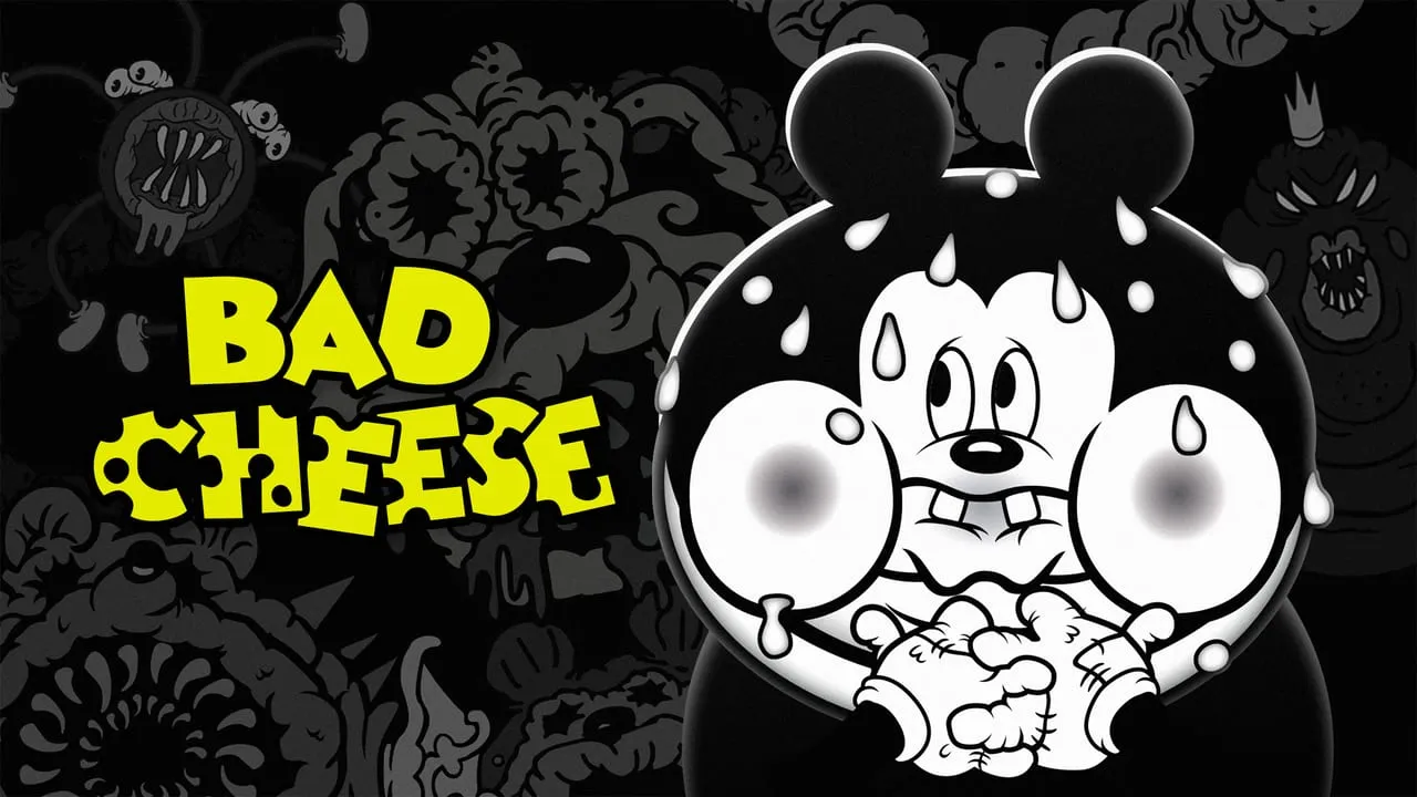 ภาพปกเกม Bad Cheese หนูการ์ตูนขาวดำทำหน้าหวาดกลัวบนพื้นลายดำ
