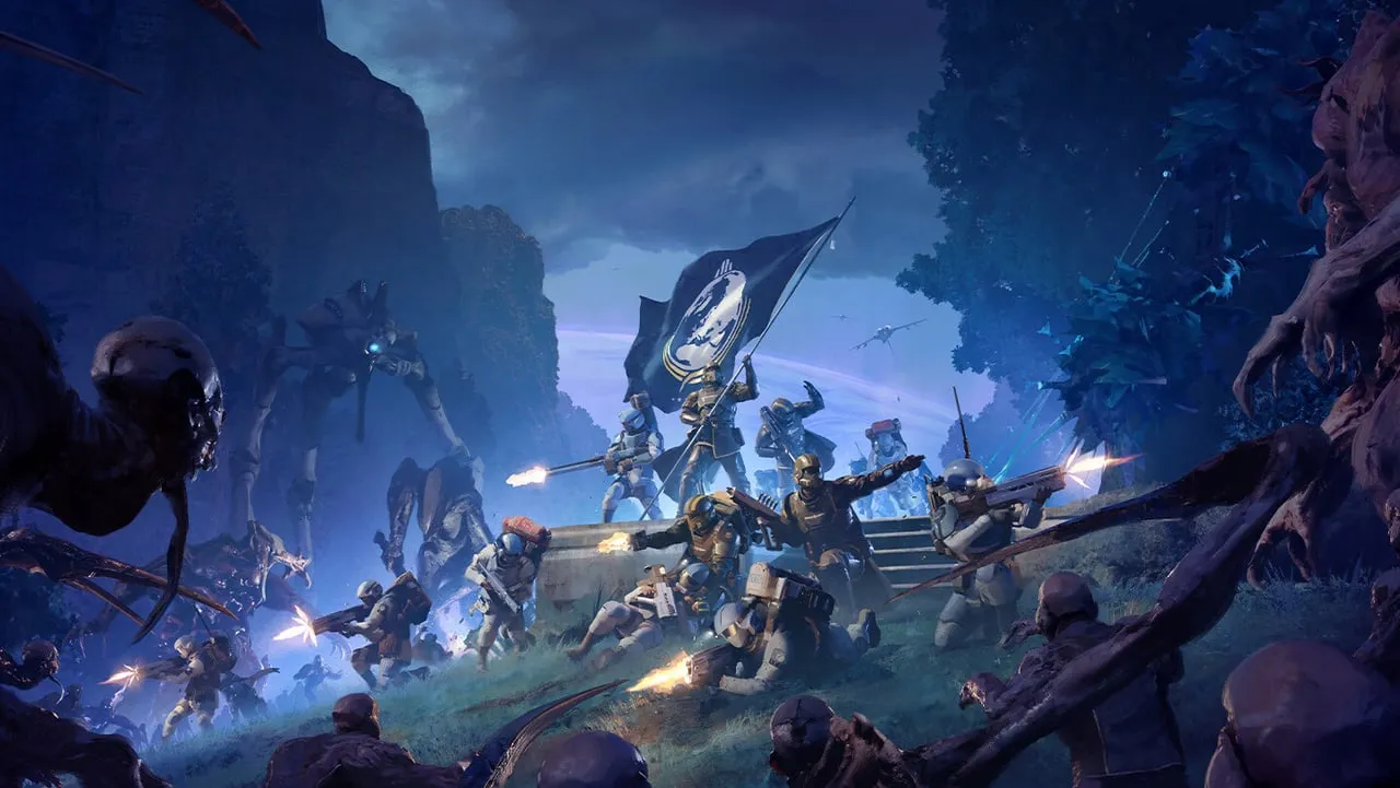 ภาพปกเกม HELLDIVERS 2 แสดงทหารต่อสู้กับศัตรูในหุบเขายามค่ำคืน