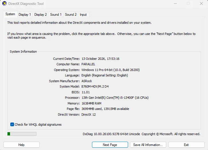 แท็บ System ของ dxdiag แสดงผู้ผลิต ASRock รุ่น B760M-HDV/M.2 D4 ซีพียู i5-13400F และแรม 16384MB