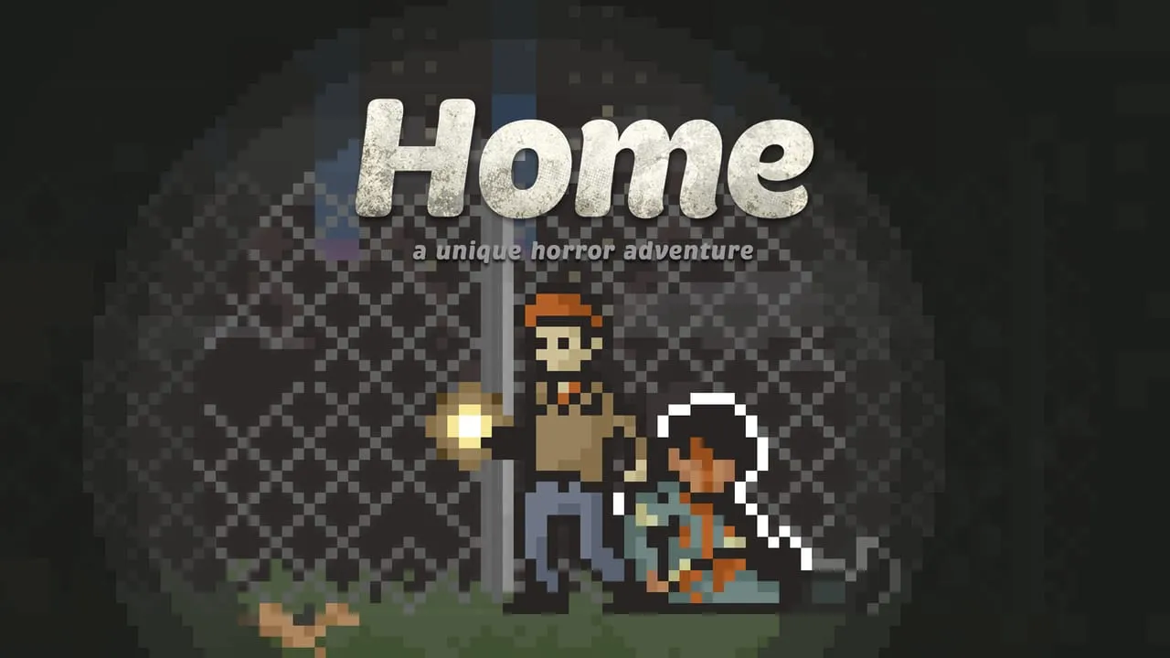 ภาพปกเกม Home - A Unique Horror Adventure ตัวละครพิกเซลถือไฟฉายยืนหน้ารั้วลวดตาข่ายในความมืด