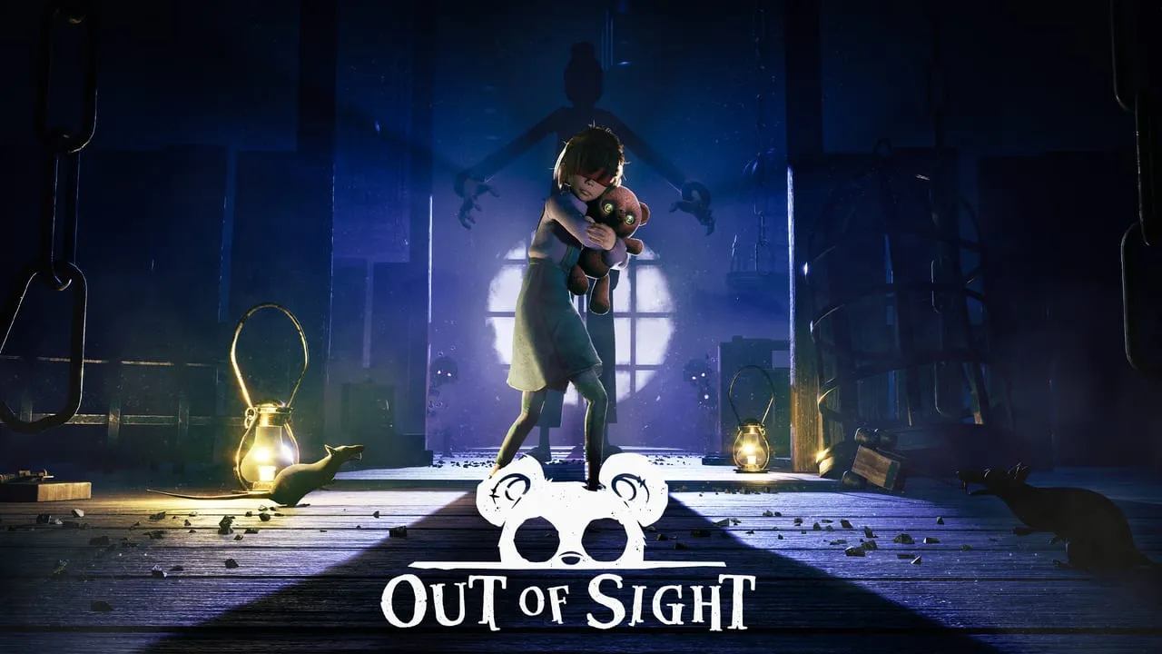 ภาพปกเกม Out of Sight เด็กหญิงกอดตุ๊กตาหมียืนอยู่ในคฤหาสน์มืด