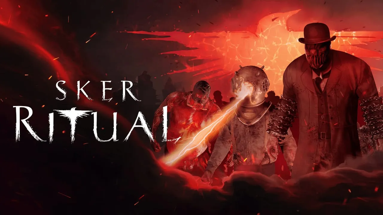 ภาพปกเกม Sker Ritual ศัตรูสามตัวในชุดสูทและหน้ากากยืนอยู่หน้าฉากสีแดงเพลิง